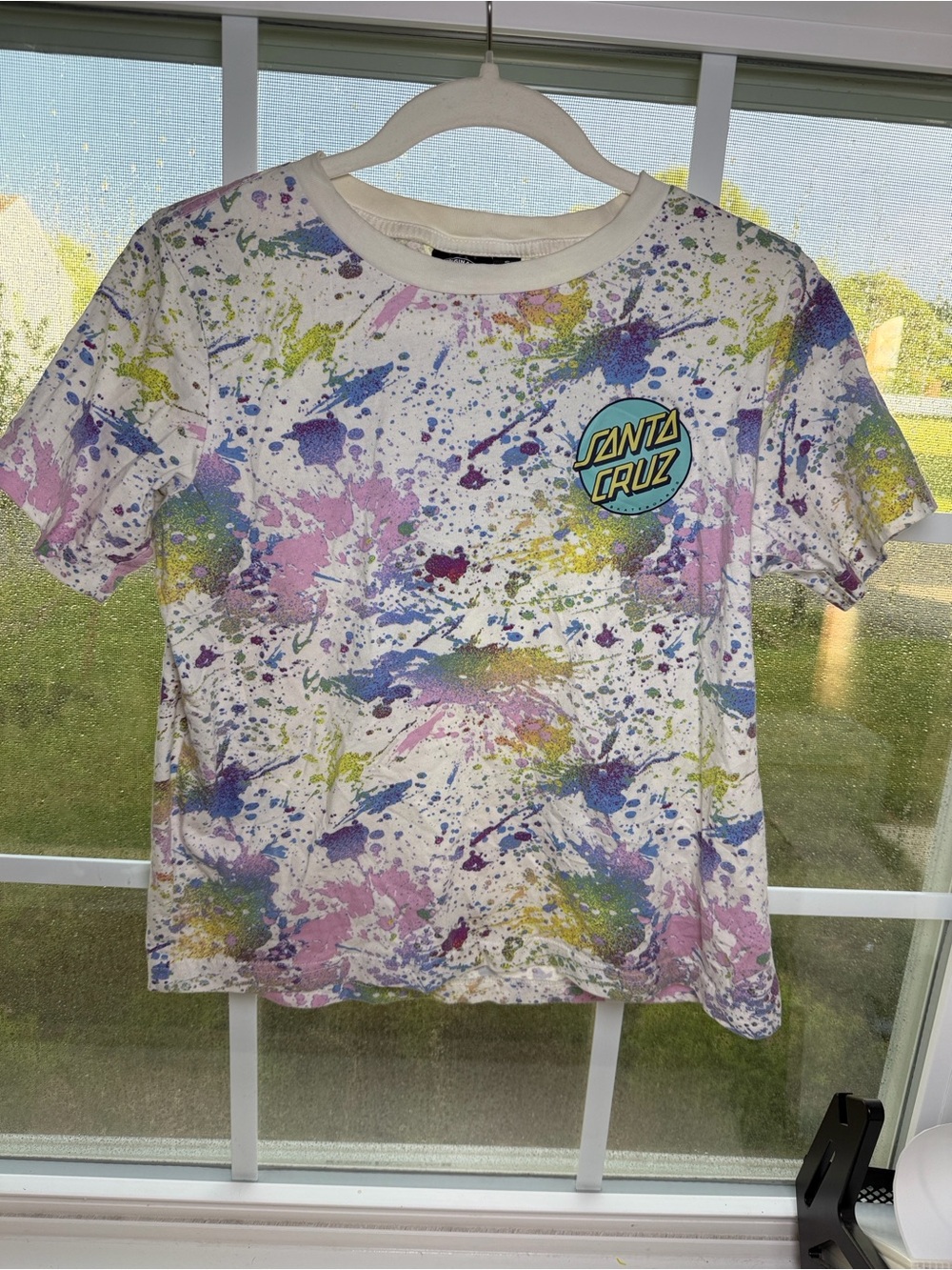 Santa Cruz skateboards women’s White Tee with Blue Purple Pink Yellow Splatter